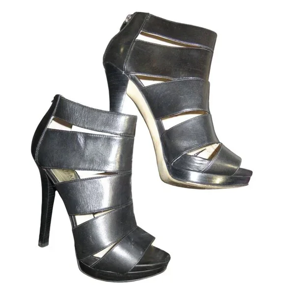 SOLD! Michael Kors Gisele Black Leather High Glossed Caged Platform Boots 8 - Picture 7 of 14